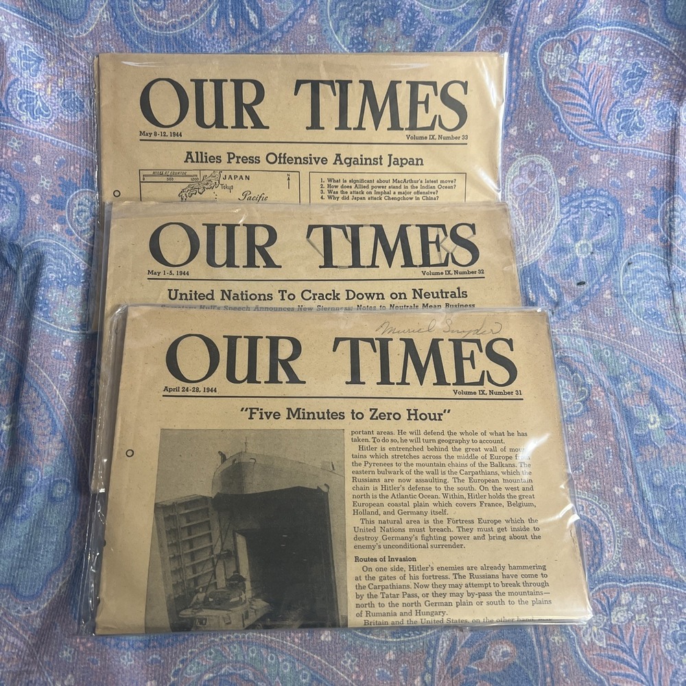 Our Times Newspapers Set of 3 1944 WWII Era Vintage Ephemera